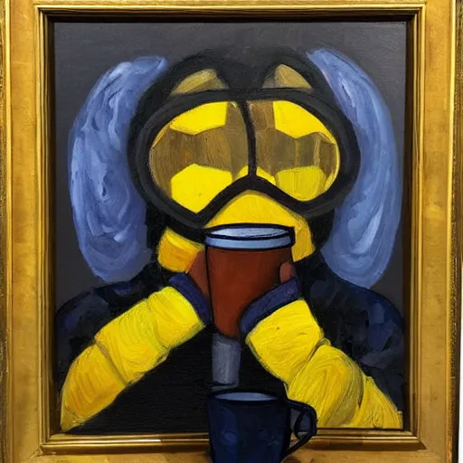 Image similar to tired nightshift man in a bumblebee suit sips a coffee, highly detailed, masterpiece, oil on canvas