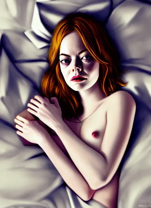 Image similar to emma stone lying in bed with clothes on, backround dark, highly detailed, digital illustration, trending in artstation, modern painting, smooth, sharp focus, intricate, einar jonsson, ilya repin