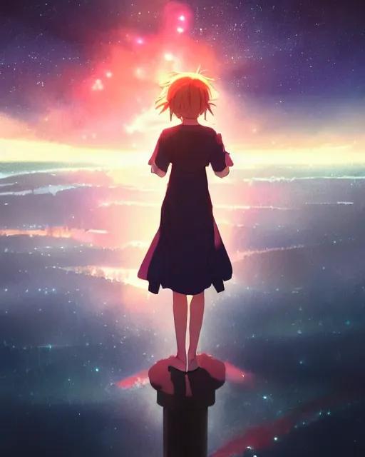 Image similar to a beautiful photo of a girl standing on a pier looming up at a supernova in the sky, beautiful compsition, epic photo, dramtic lighting, dim ， by makoto shinkai an krenz cushart