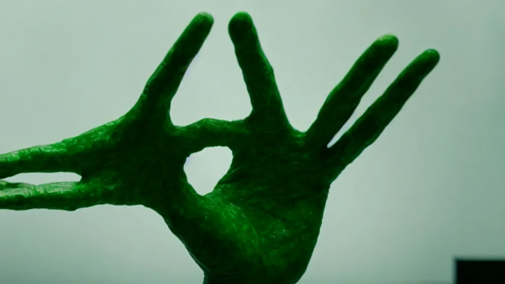 Prompt: the strange giant creature hand in the office, made of Chlorophyll and water, film still from the movie directed by Denis Villeneuve with art direction by Salvador Dalí