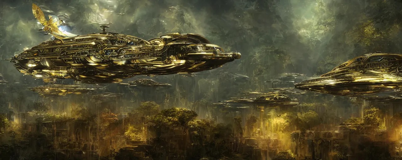 Prompt: a large futuristic scientific flying steampunk battleship elegant, smooth, ornate with gold trimmings, by Craig Mullins and Scott Robertson large steampunk space port inside a lush rainforest background by Dylan Cole and federico pelat cinematic dappled lighting, hyper detailed hyper detailed, 8k, ultra realistic, cinematic lighting, ultra wide 35mm lens