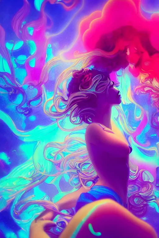 Image similar to a gorgeous girl engulfed in colorful liquid clouds and neon smoke, extremely psychedelic experience, psilocybin, dmt, lsd face, highly detailed, artstation, concept art, blue background, digital art by hana yata, and artem demura and beeple, alphonse mucha, octane render, unreal engine, 8 k