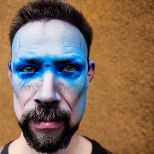 Image similar to fish eye lens close up photograph of a man with blue skin and a goatee side eyeing the camera with a sympathetic look