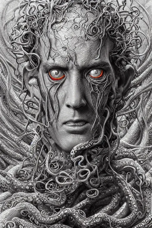 Prompt: realistic portrait of beautifully crystalized and detailed portrait of a hp lovecraft, tentacles, tendrils, eldritch, matte painting of cinematic movie scene red dragon, horror, created by gustave dore and greg rutkowski, high detailed, smooth draw, synthwave neon retro, intricate, realistic proportions, dramatic lighting, trending on artstation.