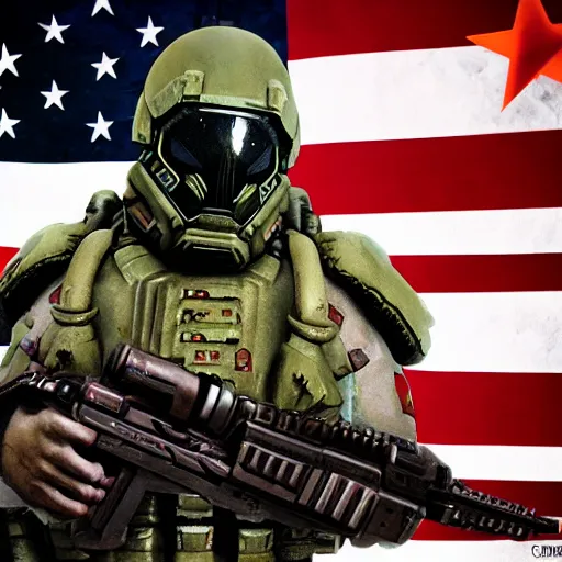 Image similar to doom slayer as american soldier, photography