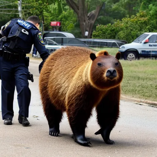 Image similar to capybara police arresting a bear