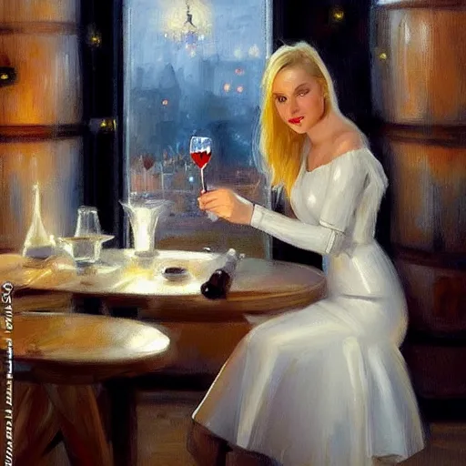 Prompt: stormtrooper and hot blonde drinking wine in a cellar, romantic, cozy, inviting, detailed, beautiful, atmospheric, impressionism, painting by vladimir volegov, inspired by ralph mcquarrie