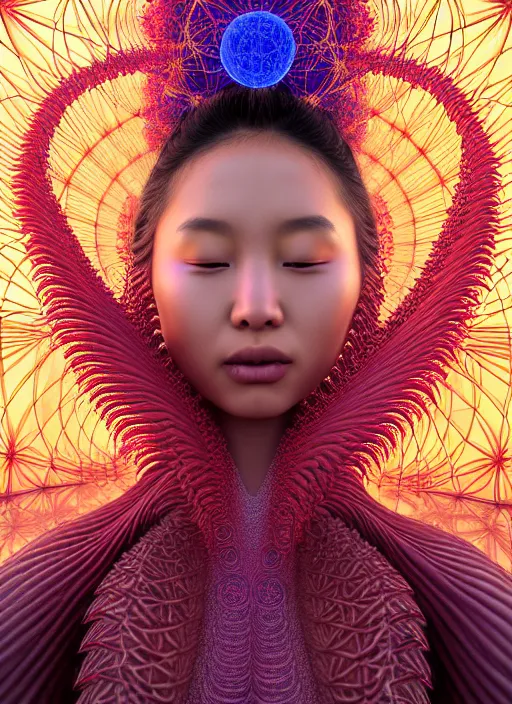 Prompt: ecstatic beautiful young asian woman by irakli nadar, feathers, several layers of 3 d coral and light fractals radiating behind with sacred geometry, cosmic, natural, awakening, symmetrical, in the style of ernst haeckel and alex grey, effervescent, warm, photo realistic, epic and cinematic