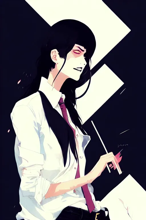 Image similar to a ultradetailed beautiful panting of a stylish woman wearing a shirt with a tie, she has black hair, by conrad roset, greg rutkowski and makoto shinkai, trending on artstation