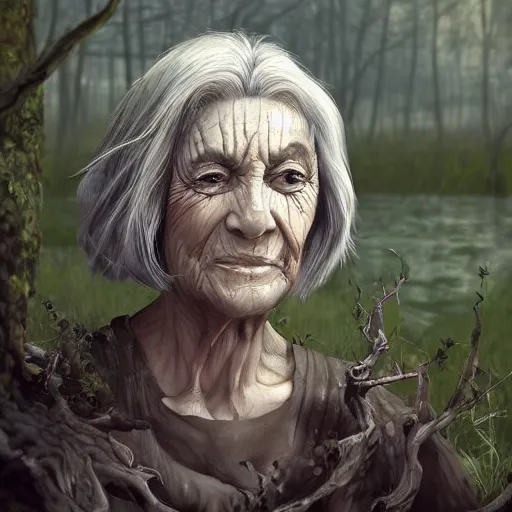 Image similar to fantasy portrait of an energetic old woman with silky, cloudy grey hair, black scars on her face, swamp vegetation in the background, nocturnal palette, art by greg rutowski, raphael lacoste, eddie mendoza, artgerm, trending on artstation