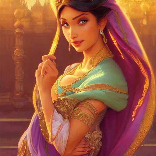 Image similar to beautiful princess jasmin, disney, palace background, intricate, elegant. highly detailed, digital painting, artstation, concept art, smooth, sharp, focus, illustration. art by artgerm and greg rutkowski and alphonse mucha