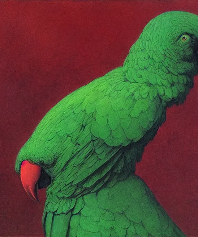 Image similar to beautiful emerald green parrot with red aura and eyes, by zdzisław beksinski, by gustave dore