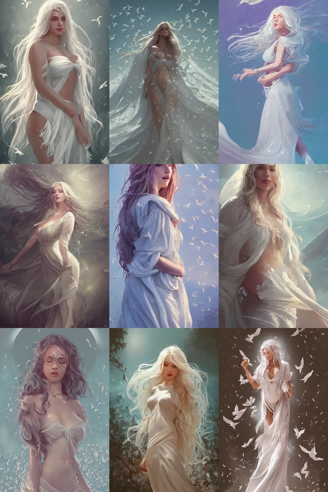 Image similar to A beautiful woman with curvaceous body and long white hair, surrounded by white doves, wearing a long flowy fabric, cinematic lighting, soft bokeh, sci-fi, modern, colourful, highly detailed, digital painting, artstation, concept art, sharp focus, illustration, by WLOP