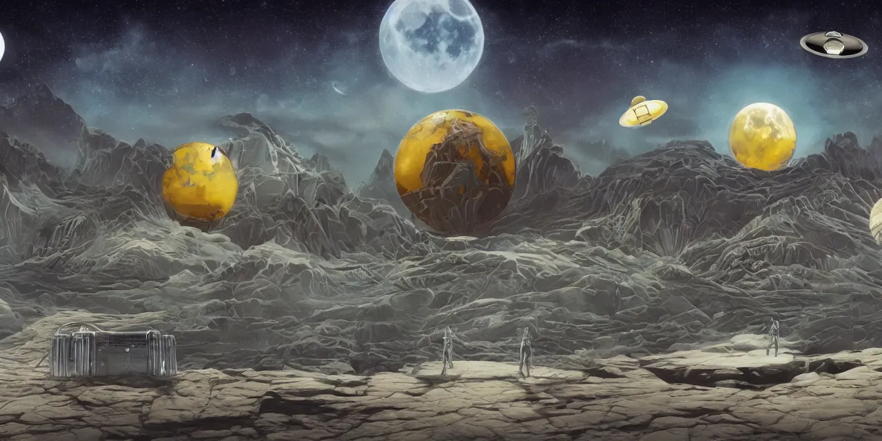 Image similar to surreal art deco designs, sci fi scene, alien landscape, flying saucer and moon rover