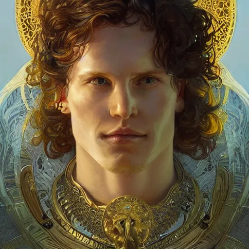 Prompt: portrait of nick bostrom as a heavenly god, full body, muscular, fantasy, intricate, elegant, highly detailed, digital painting, artstation, concept art, matte painting, sharp focus, illustration, art by artgerm and greg rutkowski and alphonse mucha