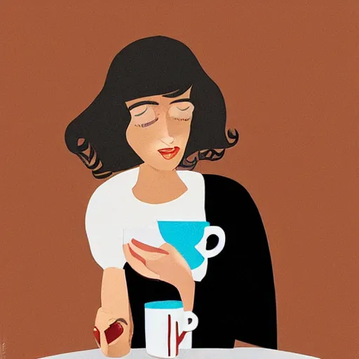 Image similar to illustration a parisian girl drink a coffee, by malika favre