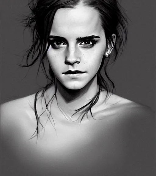 Image similar to emma watson, beautiful piercing eyes, realistic face, black and white drawing, in the style of greg rutkowski, fantasy, amazing detail, epic, intricate, elegant, smooth, sharp focus