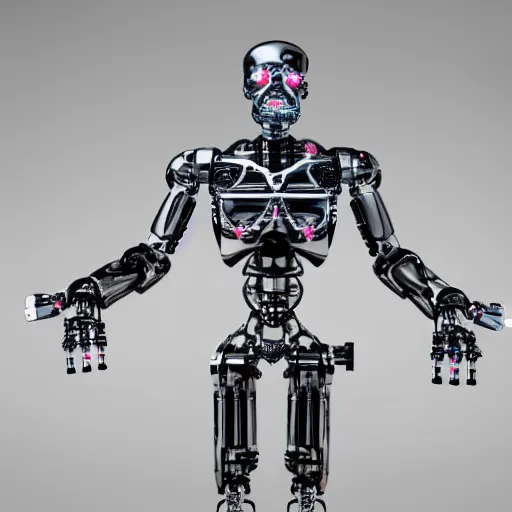 Prompt: detailed full body cybernetic endoskeleton made of titanium in a bright room