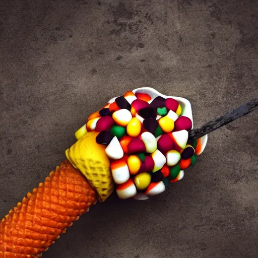 Image similar to a detailed photograph of an ice cream cone studded with candy corn like a medieval mace.