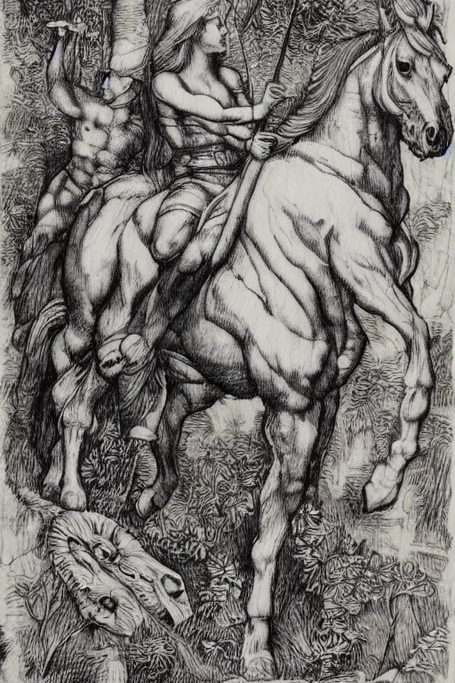 Image similar to “8k ink drawing of Diana huntress in thick forest, Horses in run, intricate in style of Michelangelo and Albrecht Durer, hand made paper”