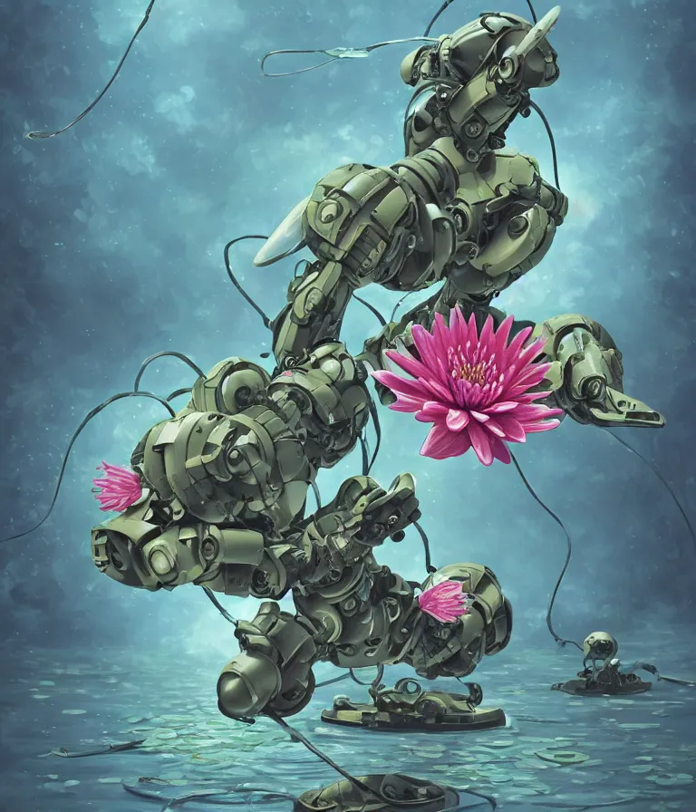 Image similar to waterlily amphibious zeon mobile suit, flower head robot waterlily themed amphibious zeon mobile suit flower petals being robotic limbs, detailed sci - fi painting, waterlily pads sculpted in metal, by cyril rolando, by beeple. biomechanical, bandai box art, 8 k hd resolution, behance hd artstation. # power armor, 8 k hd resolution