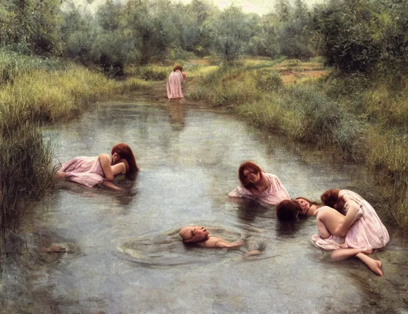 Image similar to peasant girls swimming in a river, cottage core, cinematic focus, polaroid photo bleached vintage pastel colors high - key lighting, soft lights, foggy, by steve hanks, by lisa yuskavage, by serov valentin, by tarkovsky, 8 k render, detailed, oil on canvas