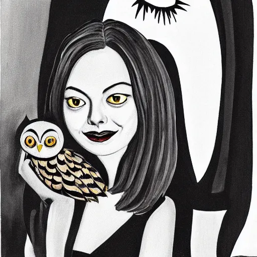 Image similar to emma stone with an owl, artwork by charles addams,