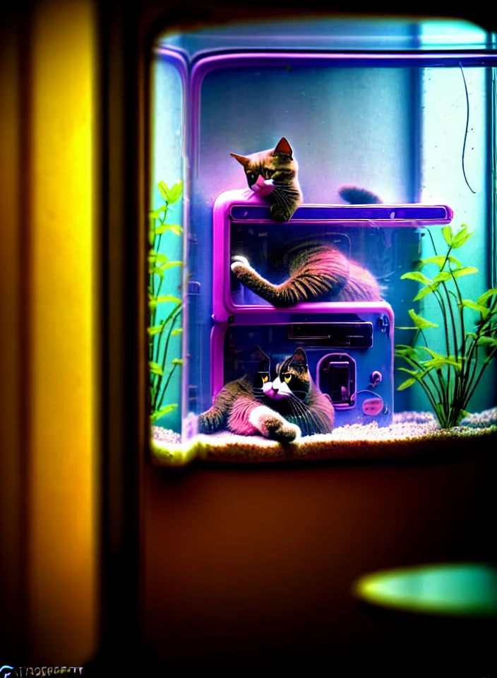 Image similar to telephoto 7 0 mm f / 2. 8 iso 2 0 0 photograph depicting the feeling of chrysalism in a cosy safe cluttered french sci - fi ( ( art nouveau ) ) cyberpunk apartment in a pastel dreamstate art cinema style. ( cat ) ( ( fish tank ) ), ambient light.