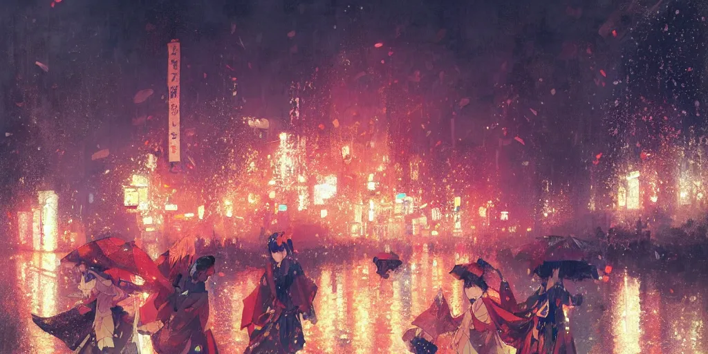 Image similar to anime kyoto animation key by greg rutkowski night, fireworks festival, kimono