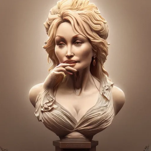 Image similar to beautiful lifelike award winning marble statue bust of dolly parton unreal engine octane render trending on art station artgerm greg rutkowski alphonse mucha cinematic atmospheric