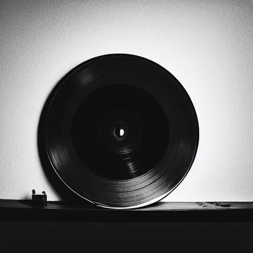 Image similar to a studio photograph of a black framed vinyl record, diffuse lighting