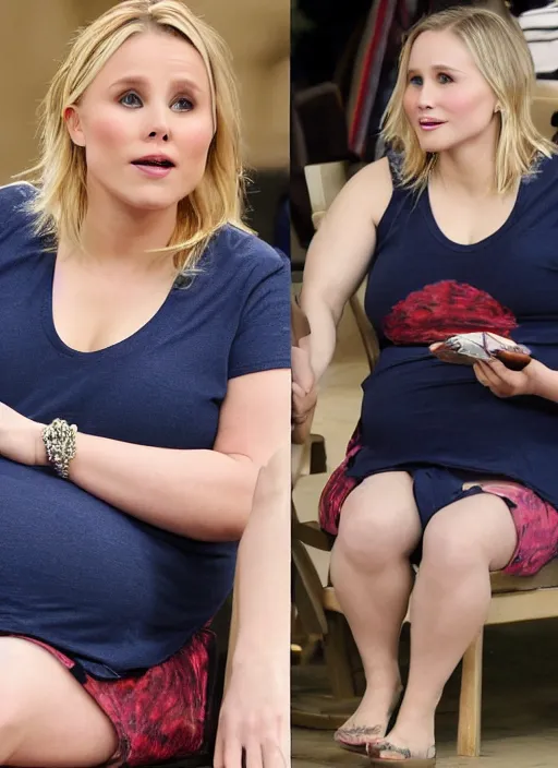 Image similar to chonky chubby kristen bell sitting with her fat belly and love handles sticking out of her shirt