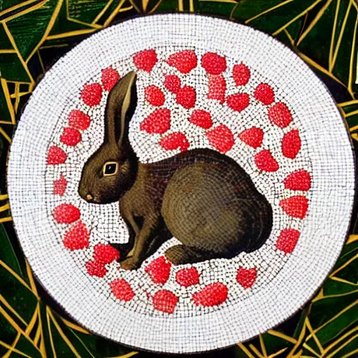 Image similar to a rabbit eating raspberries in the style of ancient mosaic