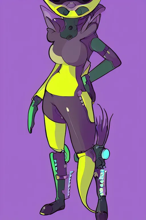 Image similar to a cute cyberpunk anthropomorphic fox with purple fur and yellow eyes and a fluffy tail, comic art, trending on furaffinity, cartoon, kawaii, backlighting, furry art!!!, cel shading, concept art, lineless