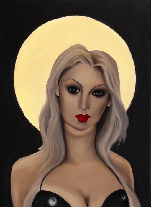 Prompt: portrait of beautiful blonde woman as a Dark evil witch, big moon in the background, oil painting by flickr