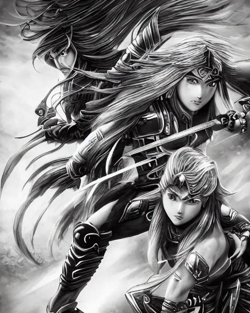 Image similar to Two female warriors fighting, black and white, highly detailed face, close-up, fantasy art, fighting art, in the style of masami kurumada, illustration, epic, fantasy, intricate, hyper detailed, artstation, concept art, smooth, sharp focus, ray tracing