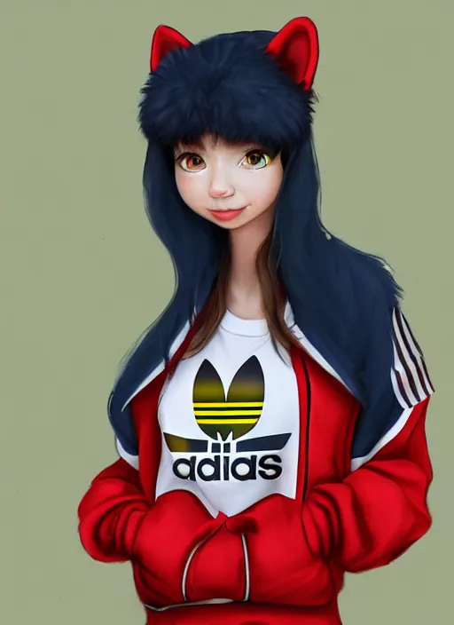 Image similar to a portrait of a furry russian kawaii girl wearing an adidas tracksuit painted by artstation trending