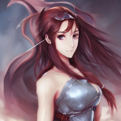 Image similar to a portrait of an attractive knight female anime character with long hair, artgerm