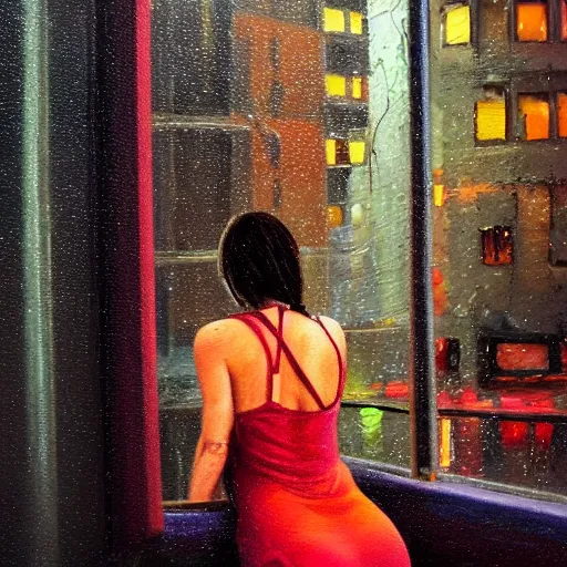 Prompt: A detailed oil painting of a beautiful woman in a tiny dress in a yoga pose on a bed feet up and the window to a rainy cyberpunk city. rain. neon lights. glass reflections. high detail. night. dark lightning.