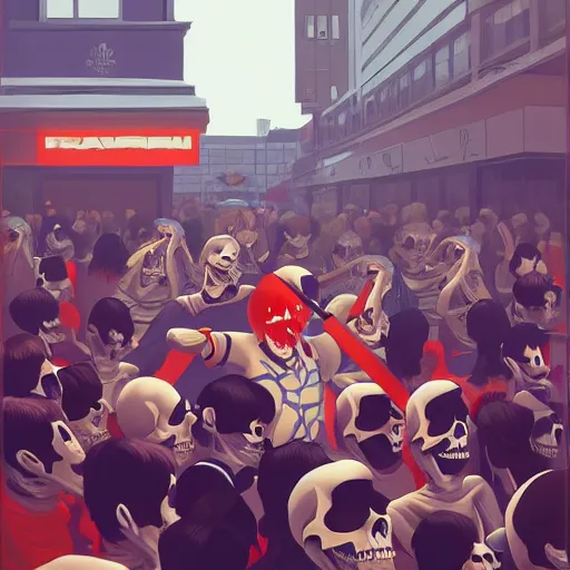 Image similar to a crowd composed by skeletons dressed funnily fight to have the an Iphone in a store of London, 2d, ultra highly detailed, digital painting, smooth, sharp focus, artstation, pixiv, art by Ilya Kuvshinov