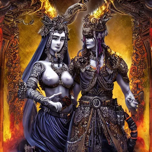 Image similar to the marriage between a death god and a war goddess in the style of high urban fantasy Hyper detailed Hyper Photorealistic High Resolution HD 8k post-processing