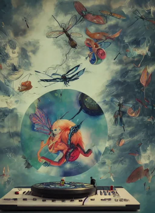 Image similar to surreal gouache painting, by yoshitaka amano, by ruan jia, by Conrad roset, by good smile company, detailed anime 3d render of a Magical flying Vinyl records , DJ Mixer, deck surrounded by Dragonfly,flying Vinyl records, controller, portrait, cgsociety, artstation, rococo mechanical and Digital and electronic, dieselpunk atmosphere