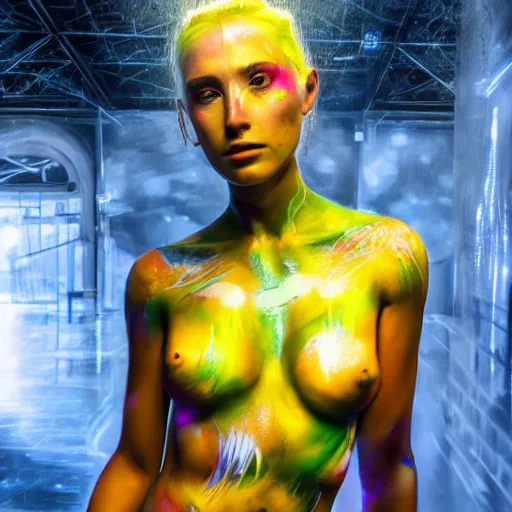 Prompt: full body pose, hyperrealistic photograph of a beautiful rave girl, body paint, dim volumetric lighting, 8 k, octane beautifully detailed render, extremely hyper detailed, intricate, epic composition, cinematic lighting, masterpiece, trending on artstation, very very detailed, stunning, hdr, smooth, sharp focus, high resolution, award, winning photo, dslr, 5 0 mm