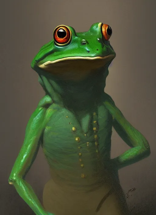 Image similar to frog gentleman in a costume portrait by Lajos Berán, Albert Bierstadt, Robert Henderson Blyth, Claude Bonin-Pissarro, Sandro Botticelli, unreal Engine Fantasy Illustration. award winning, Artstation, Hyperdetailed, 8k resolution