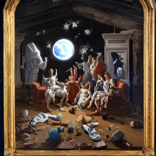 Image similar to ultra detailed baroque painting of astronauts performing a seance on the moon