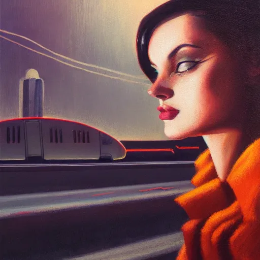 Image similar to detailed face of a woman, clockwork, moment, tectonic sky, skydome, bullet train, turbines, utopian, tech noir, wet reflections, prism, atmospheric, ambient, pj crook, syd mead, livia prima, greg rutkowski, emma uber, edward hopper