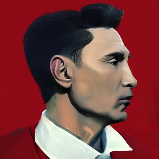 Image similar to Portrait painting Vladmir putin wearing a jacket and a collar, as an Overwatch character, medium shot, asymmetrical, profile picture, Organic Painting, sunny day, Matte Painting, bold shapes, hard edges, street art, trending on artstation, by Huang Guangjian and Gil Elvgren and Sachin Teng