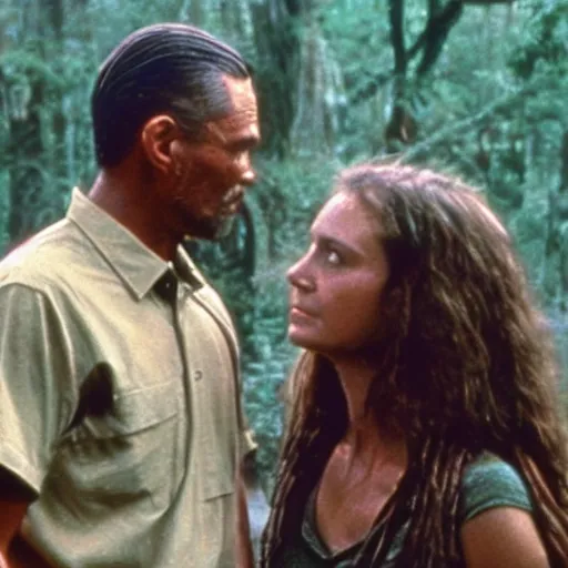 Prompt: movie still from forest gump with yautja predator monster