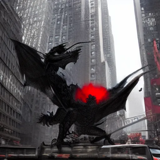 Image similar to a black dragon with red eyes, firing on new york city,