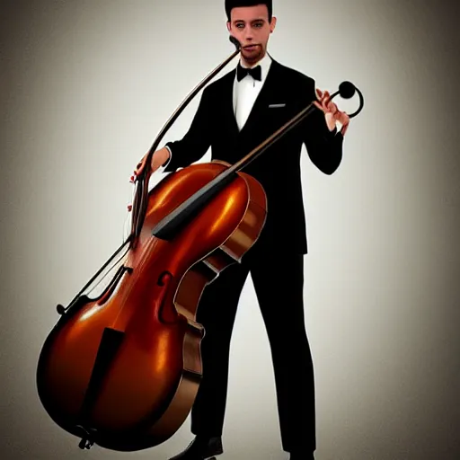 Image similar to man in tuxedo playing a cello shaped like a pair of kidneys, photorealistic, photoshop, art station, cgi, hyper detailed